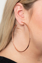Load image into Gallery viewer, Diamondback Diva Copper Hoop Earrings - Paparazzi Accessories- on model - CarasShop.com - Paparazzi Jewelry by Cara Jewels
